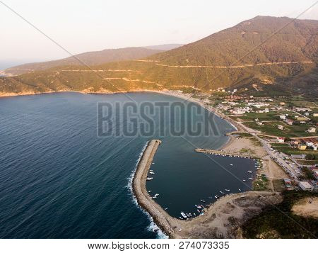 Aerial Drone View Of Marina Pier With Boats In Erdek Turankoy / Balikesir