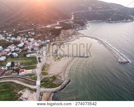 Aerial Drone View Of Marina Pier With Boats In Erdek Turankoy / Balikesir Dock