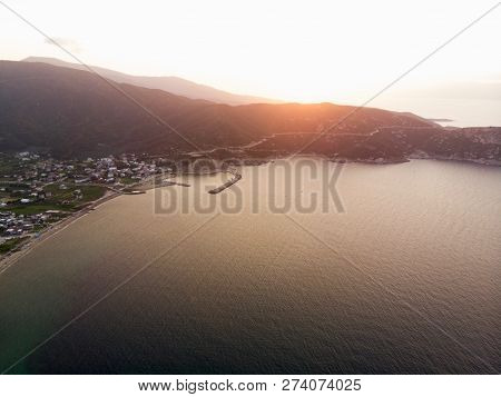 Aerial Drone View Of Beach Cove Sunset At Erdek Turankoy / Balikesir Turkey. Nature In The City.