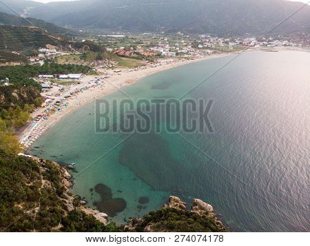 Aerial Drone View Of Beach Cove With People Swimming At Erdek Turankoy / Balikesir. Nature In The Ci