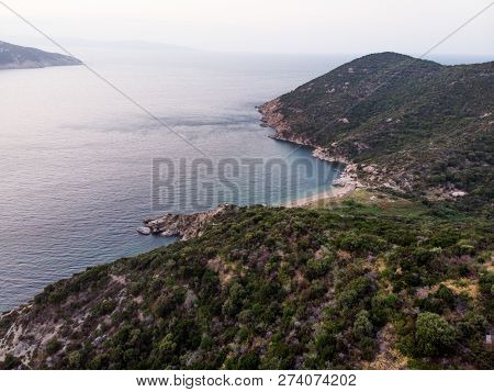 Aerial Drone View Of Beach Cove With People Swimming At Erdek Turankoy / Balikesir. Nature In The Ci