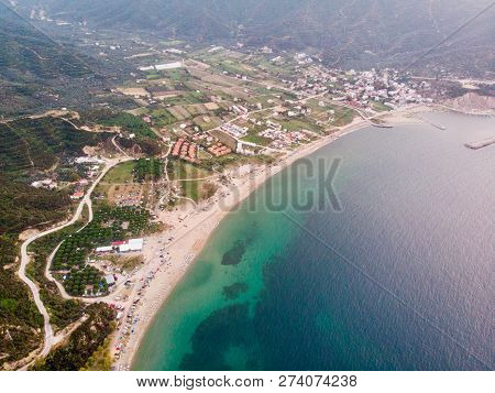 Aerial Drone View Of Beach Cove With People Swimming At Erdek Turankoy / Balikesir