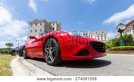 San Antonio, Tx - April 2, 2018 - Low Angle Close Up Side Front View Of Red Ferrari Berlinetta F12 P