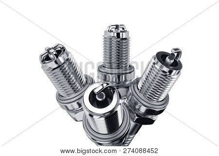 Spare Parts Spark Plugs On White Background For Car And Motorcycle. New Auto Parts Spark Plug. 3d Re
