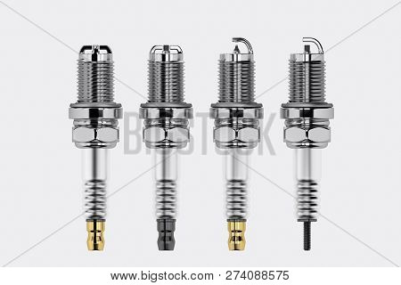 Spare Parts Spark Plugs On White Background For Car And Motorcycle. New Auto Parts Spark Plug. 3d Re