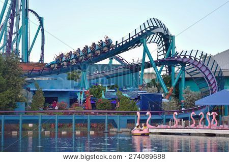 Orlando, Florida. September 29, 2018.  Amusement Mako Rollercoaster At Seaworld Theme Park.