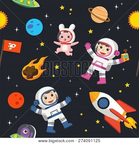 Pattern Of Space. Space Elements. Planet Earth, Sun And Galaxy, Spaceship And Star, Moon And Small K