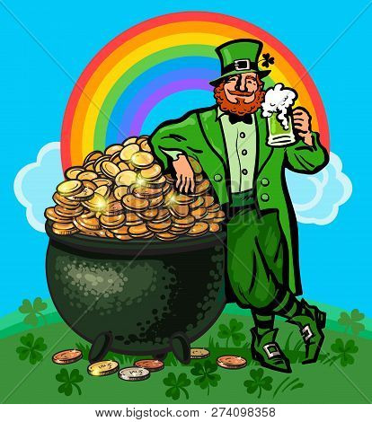 St Patricks Day Poster. Cartoon Leprechaun Holding Beer Mug Leaning On Pot Full Of Gold Coins On Rai