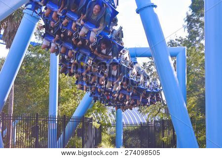 Orlando, Florida. October 19, 2018. Curves From Steel And Rails Of The Manta Ray Roller Coaster At S