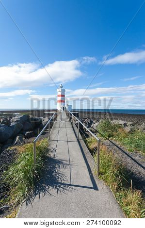 The Old Lighthouse In Gardur At Reykjanes Peninsula Iceland. Iceland Landmark