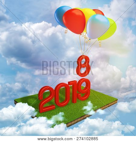 3d Rendering Of Red 2019 Sign On Green Field Model With 8 Number Floating Away Tied To Colorful Ball