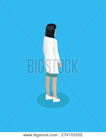 Healthcare Promotion Representative Lady Doctor From Back View. Medical Worker Woman In White Coat U