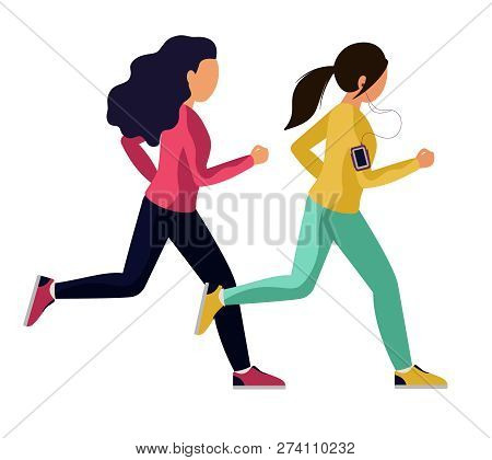 Young Woman In Sports Clothes Running. Two Girls Run A Race, Overtake Each Other. Vector Illustratio