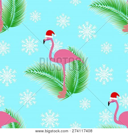 Flamingo Winter Style Seamless Pattern, With Santa Claus Hap, Striped Socks, Snowflakes And Tropical