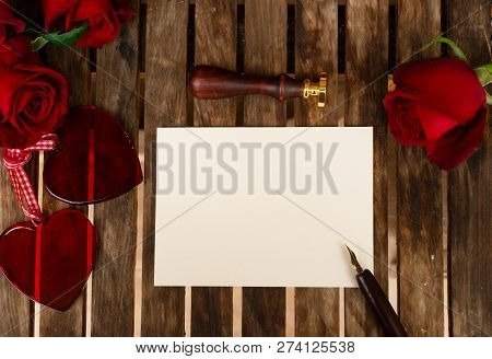 Valentines Day Date Invitation With Roses And Hearts, Copy Space On Empty Vintage Paper Card