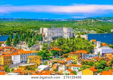 Aerial View At Old Fort In Unesco World Heritage Site Sibenik, Croatia Europe.