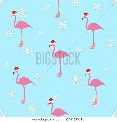 Flamingo Winter Style Seamless Pattern, With Santa Claus Hap, Striped Socks, Snowflakes. In The Back