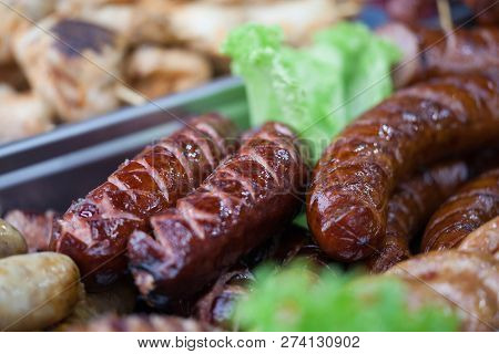 Delicious Grilled Sausages And Vegetable. Delicious Food.