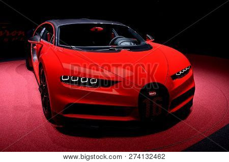 GENEVA, SWITZERLAND - MARCH 17, 2018: Bugatti Chiron Superfast sports car presented at the 88th Gene