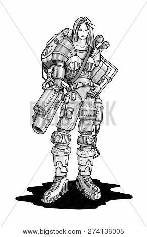 Black And White Ink Concept Art Drawing Of Sci-fi Cyborg Woman Female Soldier With Weapon Attached T