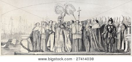 Kardinal velsignelse havn gamle illustration. Pavelig tog dekoration af Gerome, reproduktion offentliggjort