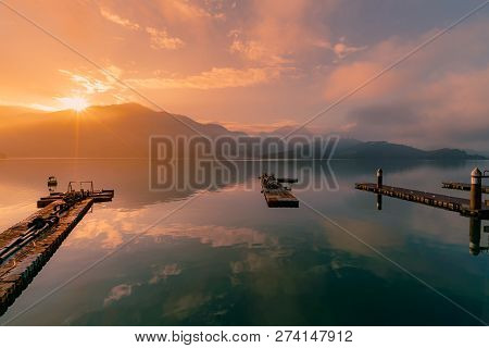 Sun Moon Lake In Taiwan, Sunrise With Reflection Water Lake, Natural Landscape Background