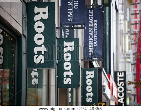 Montreal, Canada - November 5, 2018: Roots Canada Logo In Front Of Their Local Boutique In Montreal.
