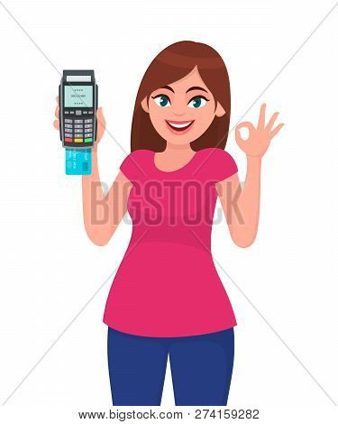 Happy Young Woman Showing/holding Pos Payment Terminal Or Credit/debit Cards Swiping Machine, Gestur