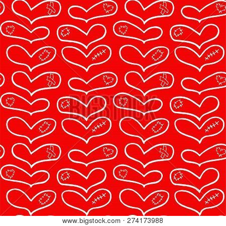 Vector Pattern Of Hand Drawn White Hearts With Plaster, Scar And Patch In Doodling Style On Red Back