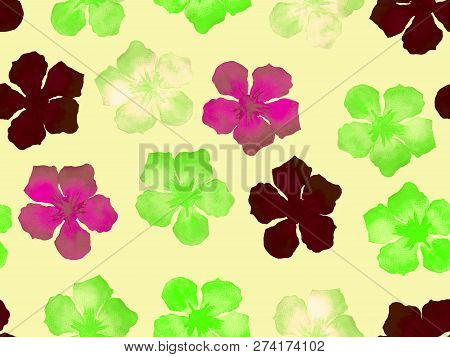 Hawaiian Watercolor Pattern. Green Turquoise Floral Tropical Seamless Print. Hibiscus And Oleander I