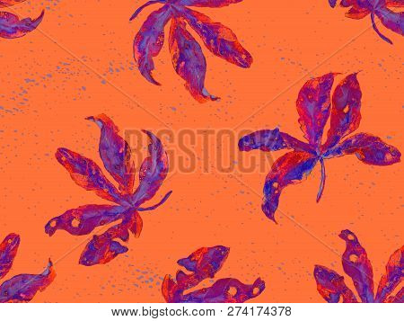 Orange Exotic Pattern. Monstera Leaves And Hibiscus Flowers In Summer Print.  Saturated Large Floral