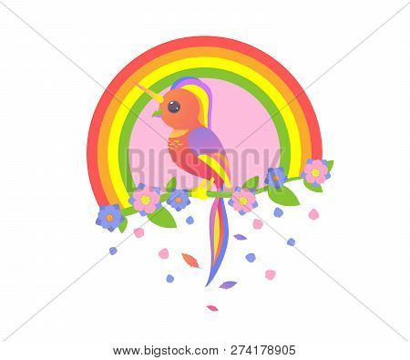 Unicorn In The Form Of A Beautiful Bird Sitting On A Branch A Tree With Flowers