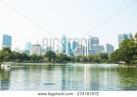 Bangkok, Thailand-december 16,2018 : View Of Tower Building Bangkok Skyline At Lumphini Park, Pathum