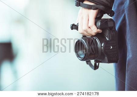 Professional Photographer Landscape With Dslr Camera In Smart Woman Hands For Ready To Take Pictures