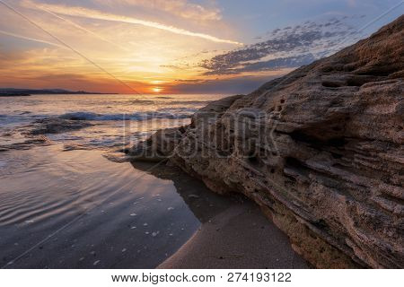 Seascape During Sunrise. Beautiful Natural Seascape. Sea Sunrise At The Black Sea Coast. Magnificent