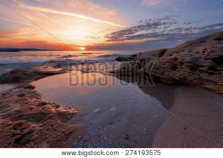 Seascape During Sunrise. Beautiful Natural Seascape. Sea Sunrise At The Black Sea Coast. Magnificent