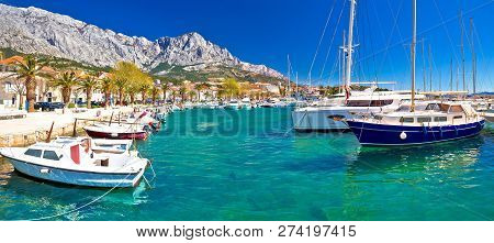 Idyllic Waterfront Of Baska Voda Panoramic View, Town In Makarska Riviera Of Dalmatia, Croatia