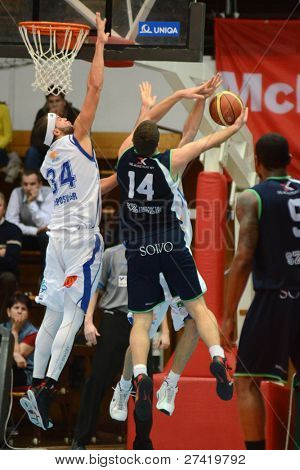 KAPOSVAR, Ungarn - 10. Dezember: Michael Fey (34) in Aktion bei einem ungarischen Meisterschaft Basketball g