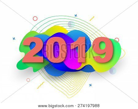 Creative Design Of A New Year Card In 2019 On A Modern Background. Bright Poster In The Style Of Mem