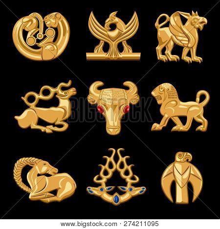 Scythian Gold. Vector Interpretation Of Real-life Gold Jewelry Found In Ancient Tombs Of Asian Nomad