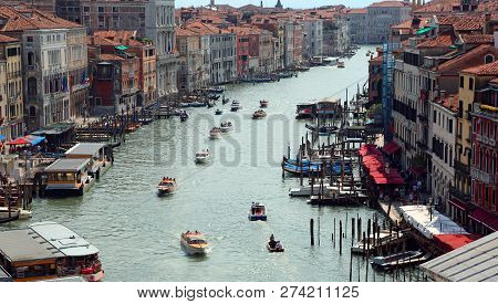 Panorama Of The City Of Venice In Italy With Many Boats On The Grand Canal Seen From Above