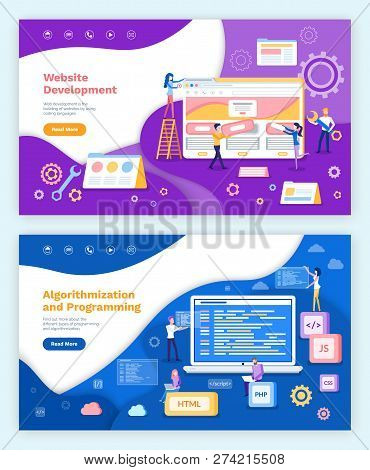 Website Development, Algorithmization And Programming Vector. Screen Of Laptop With Information, Cod