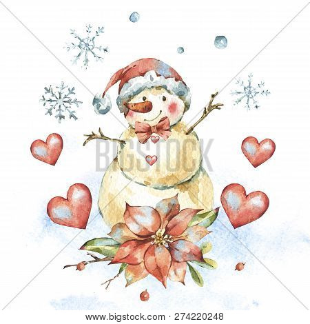 Winter Watercolor Christmas Greeting Card With Cute Sowman, Poinsettia