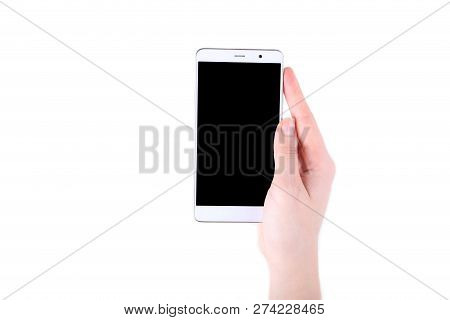 Female Hands Holding Mobile Phone With Blank Screen Isolated On White Background. Smartfone White