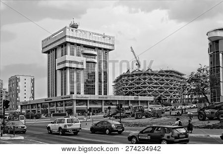 Construction, Building Frame, Scaffolding, New Shopping Mall. Development Of Urban Infrastructure In