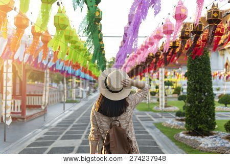 A Woman Tourist Is Enjoy Traveling At
Wat Benchamabophit Dusitvanaram Marble Temple Bangkok‎ During 