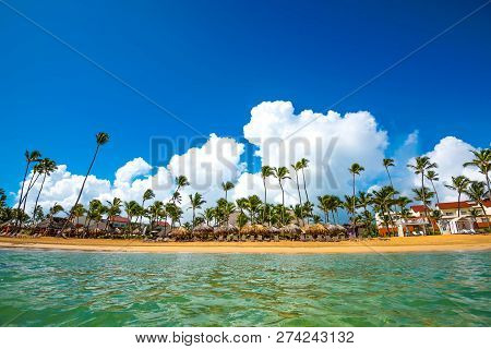 Beautiful View Of The Tropical Resort With Palm Trees