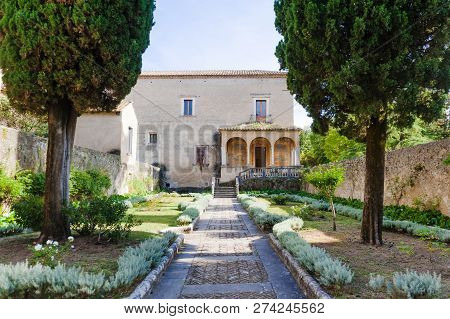 Padula, Italy - September 2018: Overview Of The Garden Of The Prior Of San Lorenzo At Padula