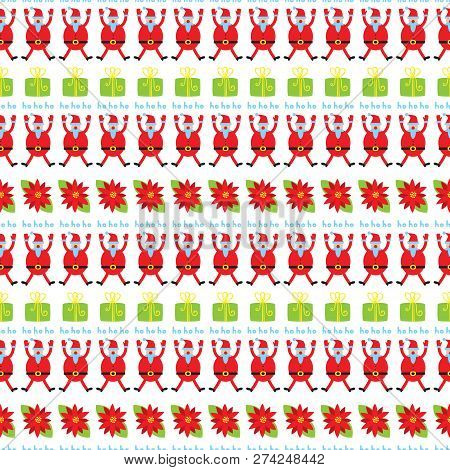 Cute Christmas Seamless Pattern. Holiday Background With Poinsettia, Santa Claus And Gift Box For Se