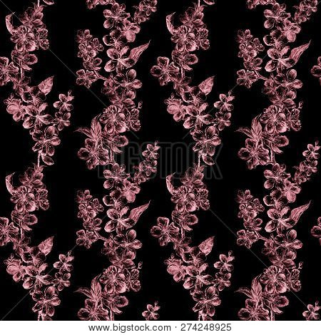 Hand Drawn Charcoal Pencil Illustration Flowers Of The Red And Burgundy Pulm Blossoms. Beautiful Ele